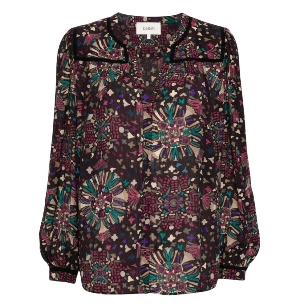 ba&sh Geometric Blouse Purple Velvet Trim Long Sleeve V-Neck Boho Top Women’s XS